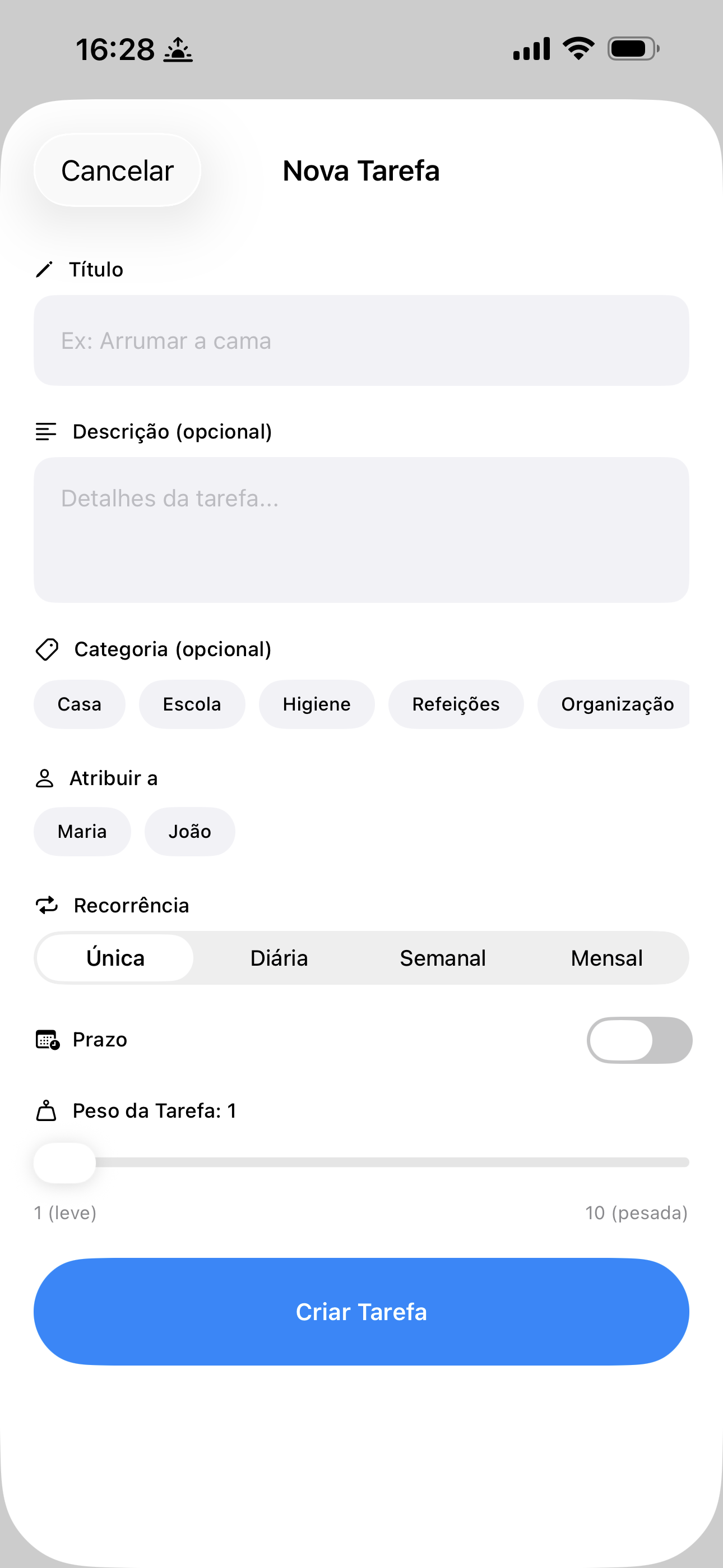 Criação de tarefas